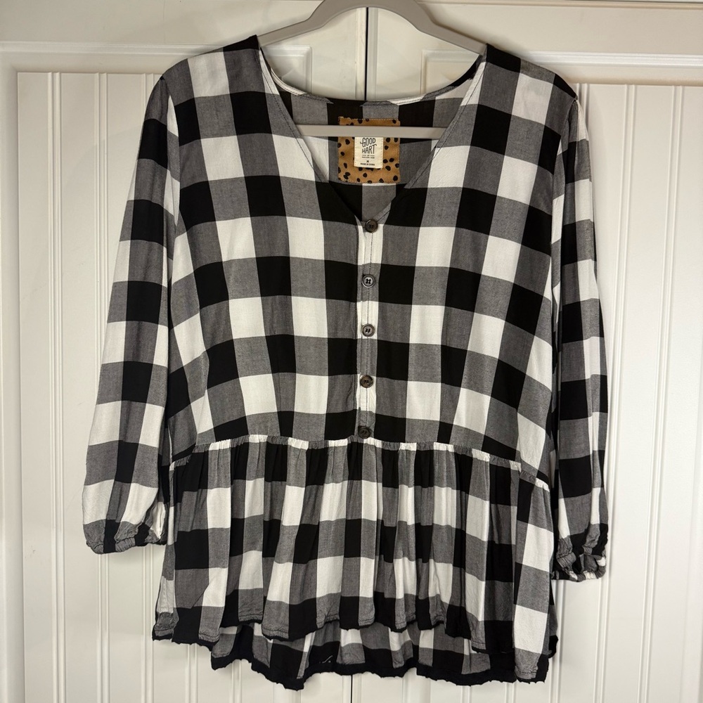 Matilda Jane Good Hart Black & White Buffalo Plaid Peplum Blouse – Size Medium